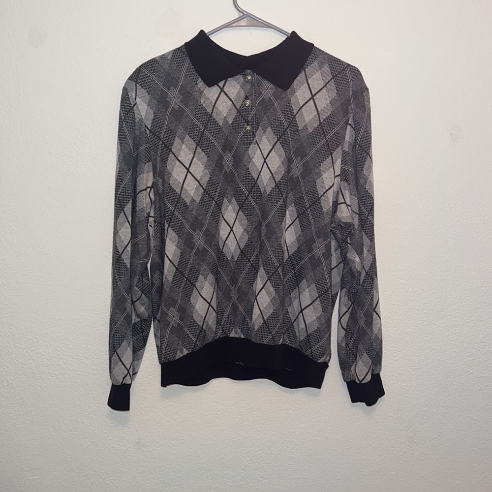 Alfred Dunner men knit black and white ikat plaid sweater - Picture 2 of 5